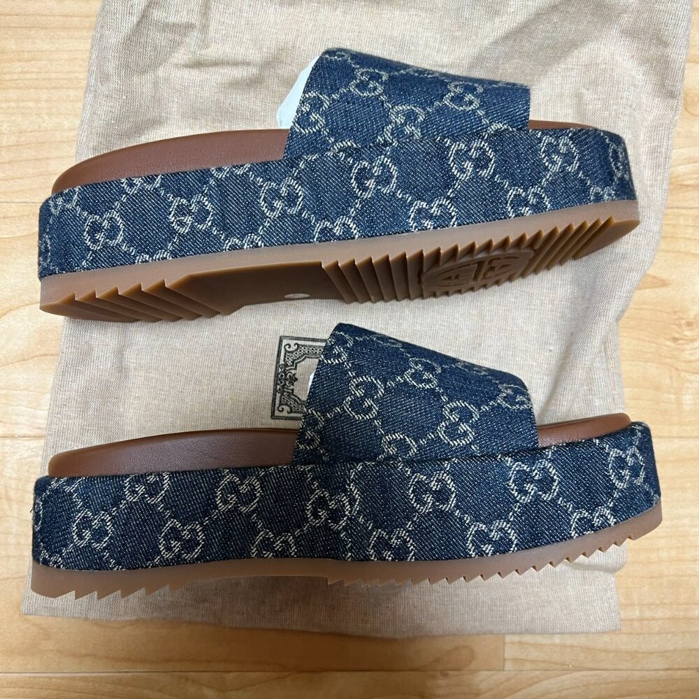 Gucci Denim GG Canvas Platform Sandals in Blue and Brown - Picture 3 of 6